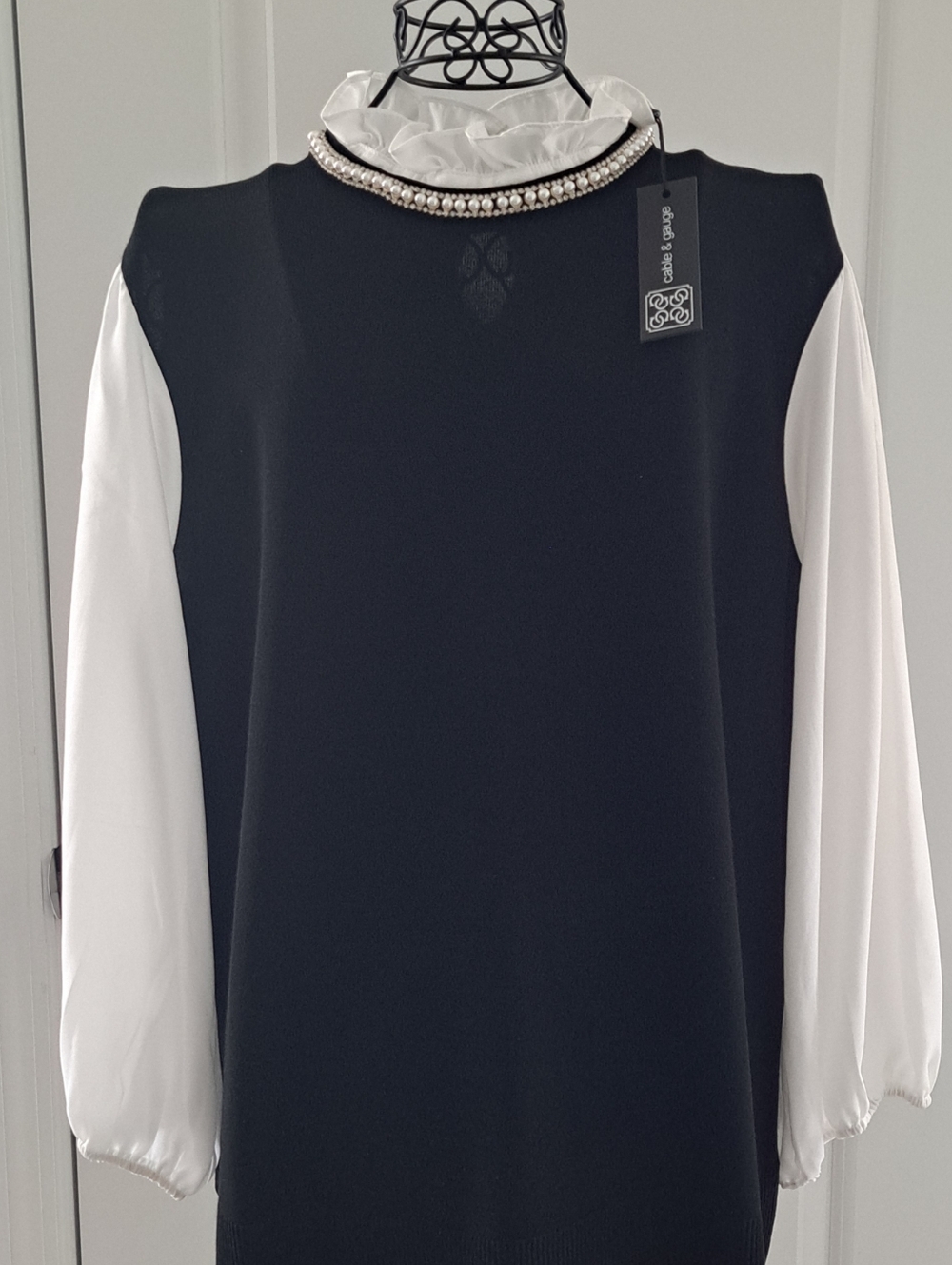 Elegant Black & White Ruffled Neck Long Sleeve Top